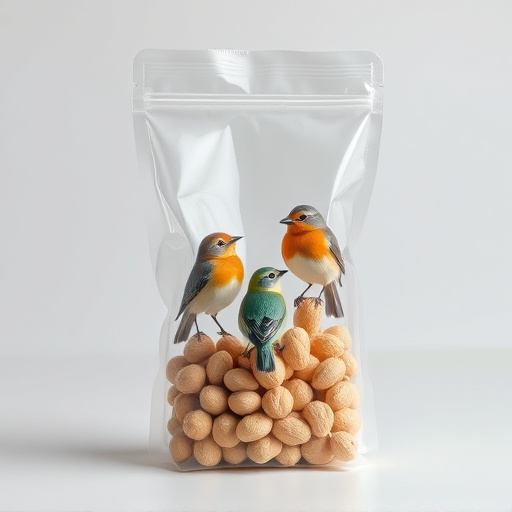 Transparent pouch of peanuts for birds