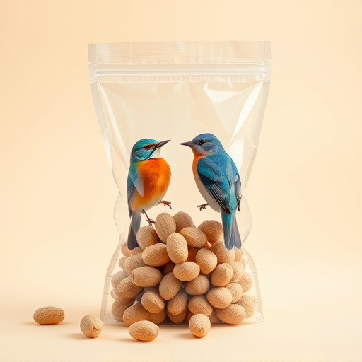 Transparent pouch of peanuts for birds