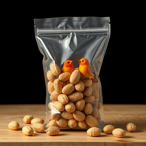 Transparent pouch of peanuts for birds