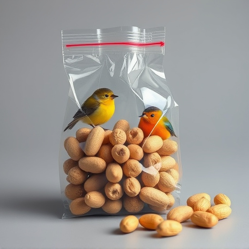 Transparent pouch of peanuts for birds