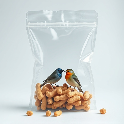 Transparent pouch of peanuts for birds