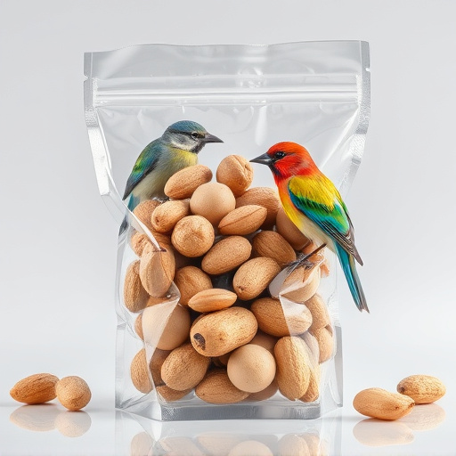 Transparent pouch of peanuts for birds