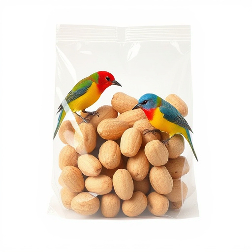 Transparent pouch of peanuts for birds