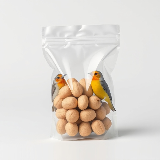 Transparent pouch of peanuts for birds