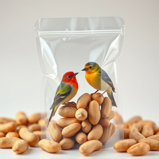 Transparent pouch of peanuts for birds