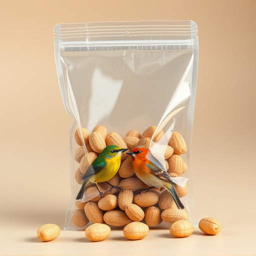 Transparent pouch of peanuts for birds