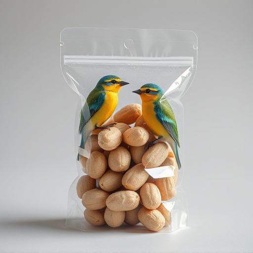 Transparent pouch of peanuts for birds