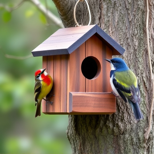 Tree-mounted bird box with bird nearby
