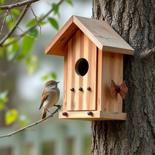 Tree-mounted bird box with bird nearby
