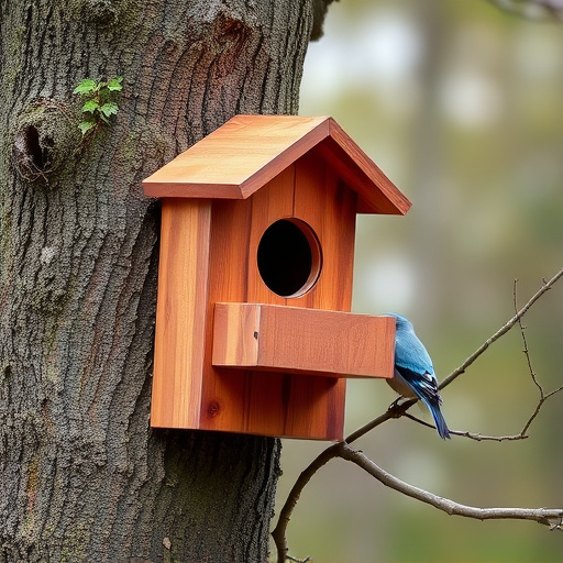 Tree-mounted bird box with bird nearby