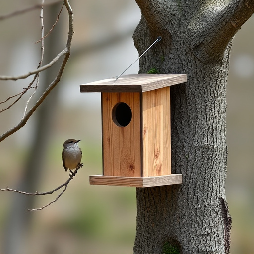 Tree-mounted bird box with bird nearby