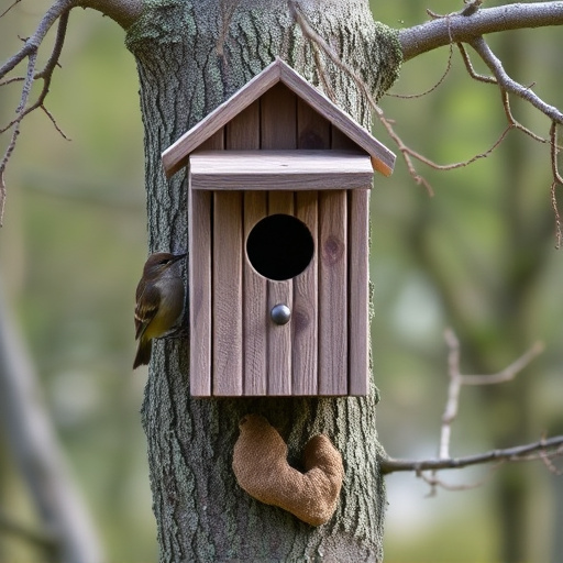 Tree-mounted bird box with bird nearby