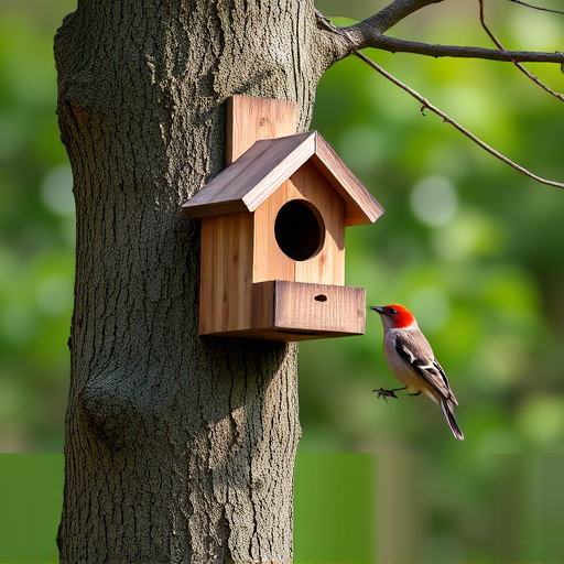Tree-mounted bird box with bird nearby