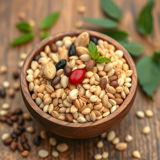 Variety of seeds in wooden bowl