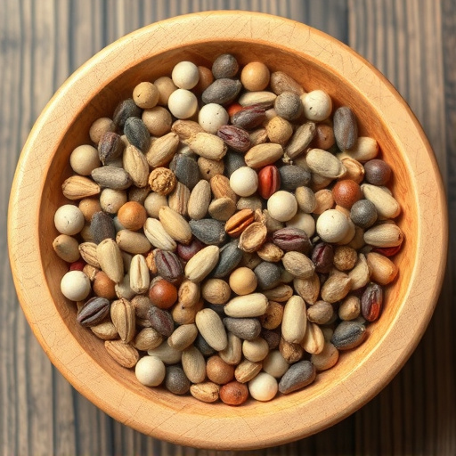 Variety of seeds in wooden bowl