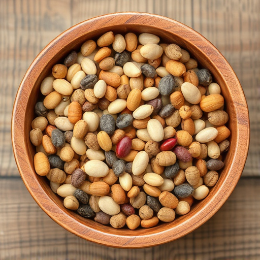 Variety of seeds in wooden bowl