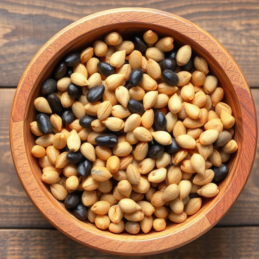 Variety of seeds in wooden bowl