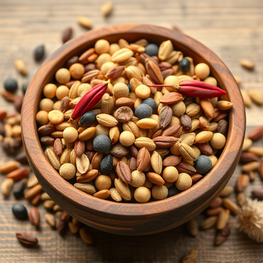 Variety of seeds in wooden bowl