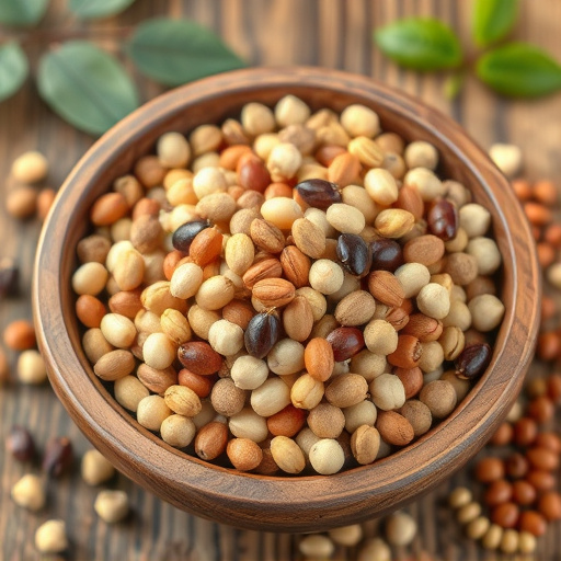 Variety of seeds in wooden bowl