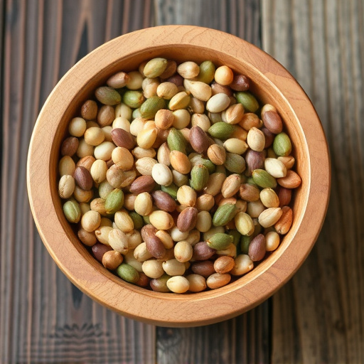 Variety of seeds in wooden bowl