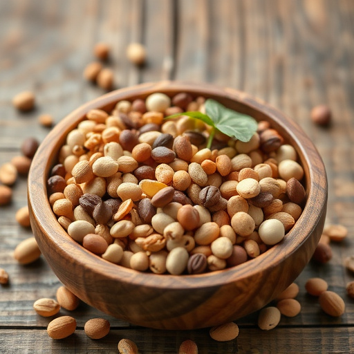 Variety of seeds in wooden bowl