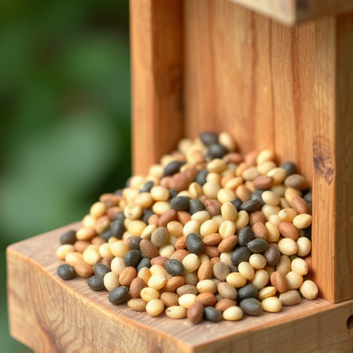 Variety of seeds in wooden feeder