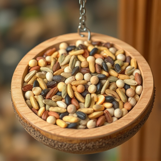 Variety of seeds in wooden feeder