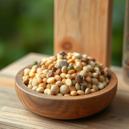 Variety of seeds in wooden feeder