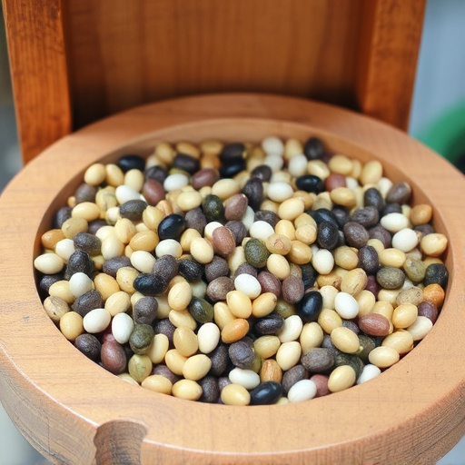 Variety of seeds in wooden feeder