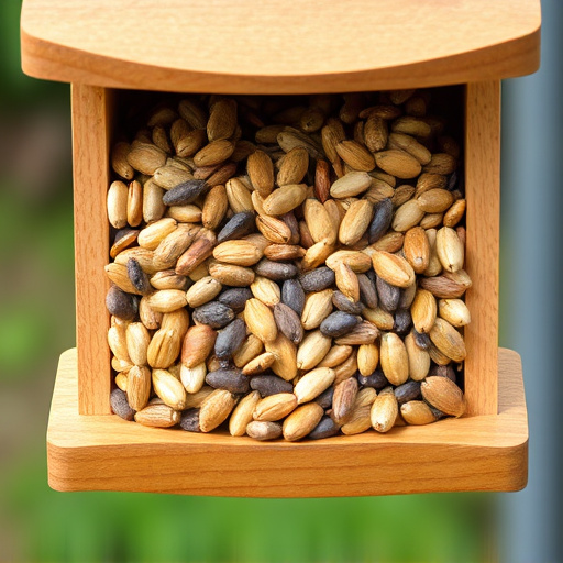 Variety of seeds in wooden feeder