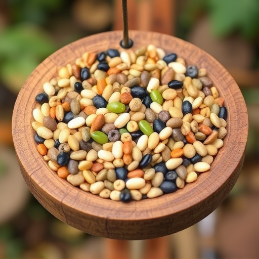 Variety of seeds in wooden feeder
