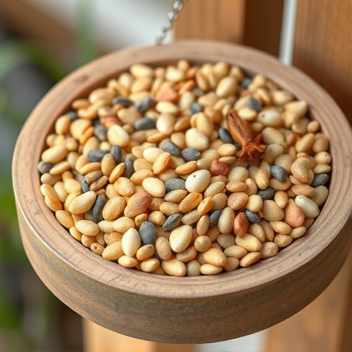 Variety of seeds in wooden feeder