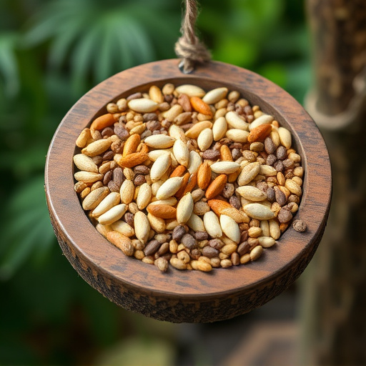 Variety of seeds in wooden feeder
