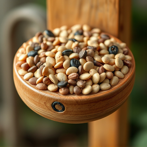 Variety of seeds in wooden feeder