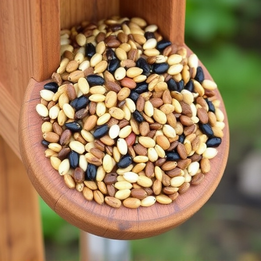 Variety of seeds in wooden feeder