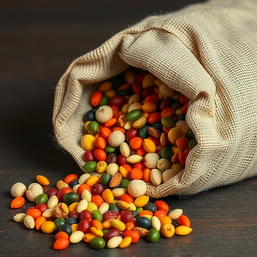 Variety of seeds spilling from bag