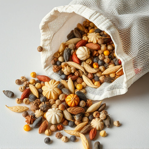 Variety of seeds spilling from bag