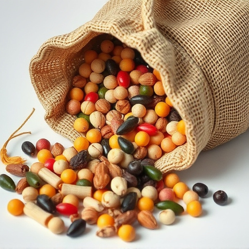 Variety of seeds spilling from bag