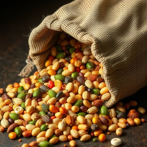 Variety of seeds spilling from bag