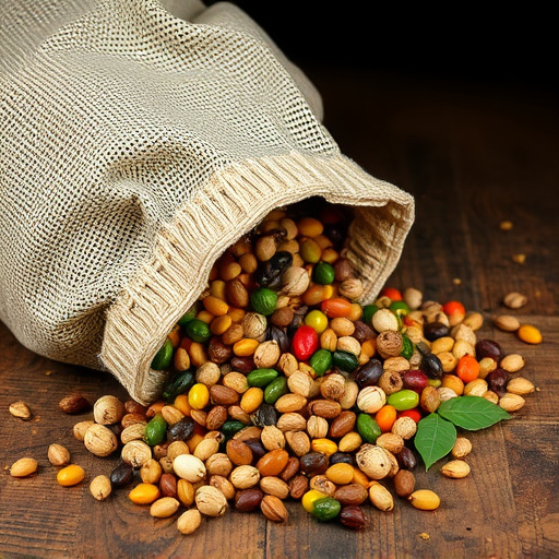 Variety of seeds spilling from bag
