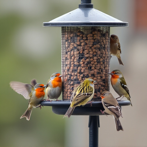 Variety of small birds at feeder