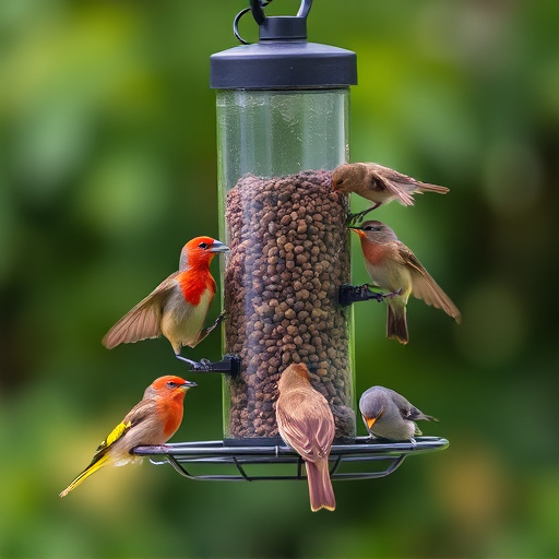 Variety of small birds sharing feeder