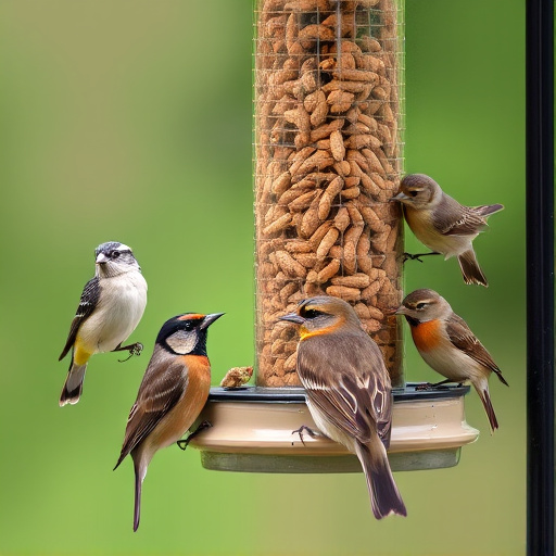 Variety of small birds sharing feeder