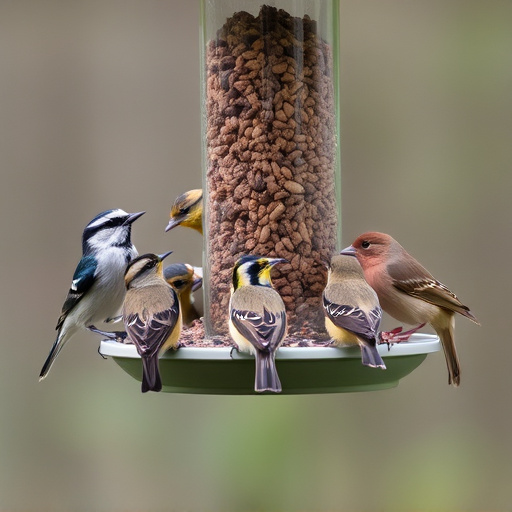 Variety of small birds sharing feeder