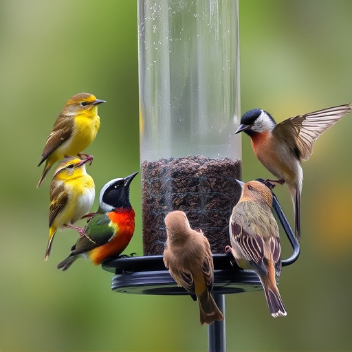 Variety of small birds sharing feeder