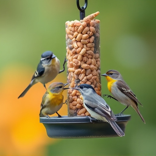 Variety of small birds sharing feeder