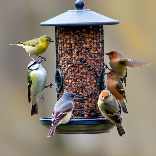 Variety of small birds sharing feeder