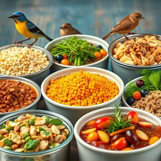 Variety of wild bird food in dishes