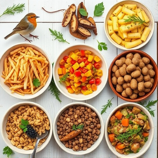 Variety of wild bird food in dishes