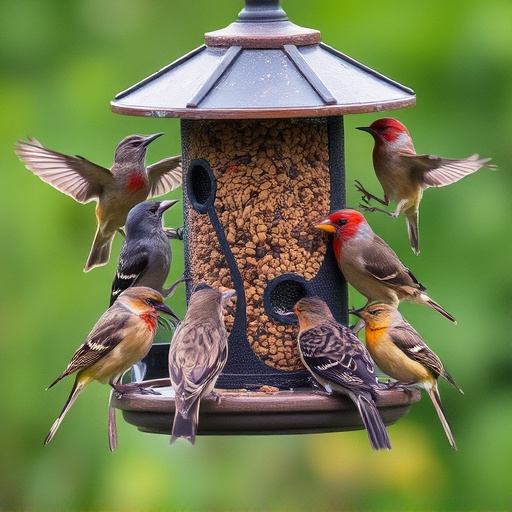 Variety of wild birds around seed feeder